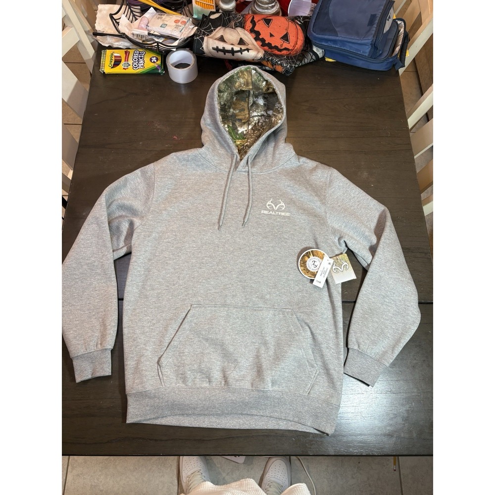 NWT Realtree Men's Large Gray Hoodie Camo Lined Hunting Pullover Deer Skull